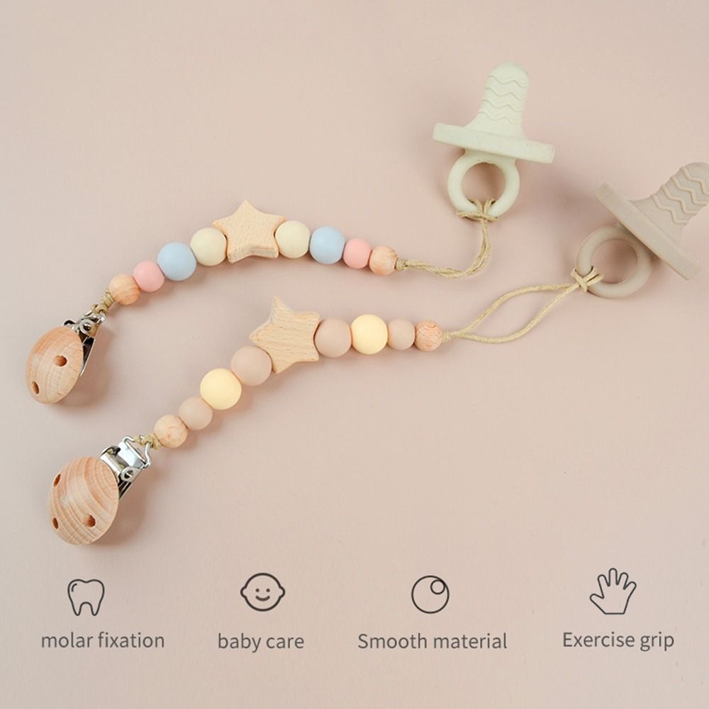Star Pacifier Holder Clips Wood Baby Teether Toys Straps Anti-lost Baby Pacifier Chain  Toddler