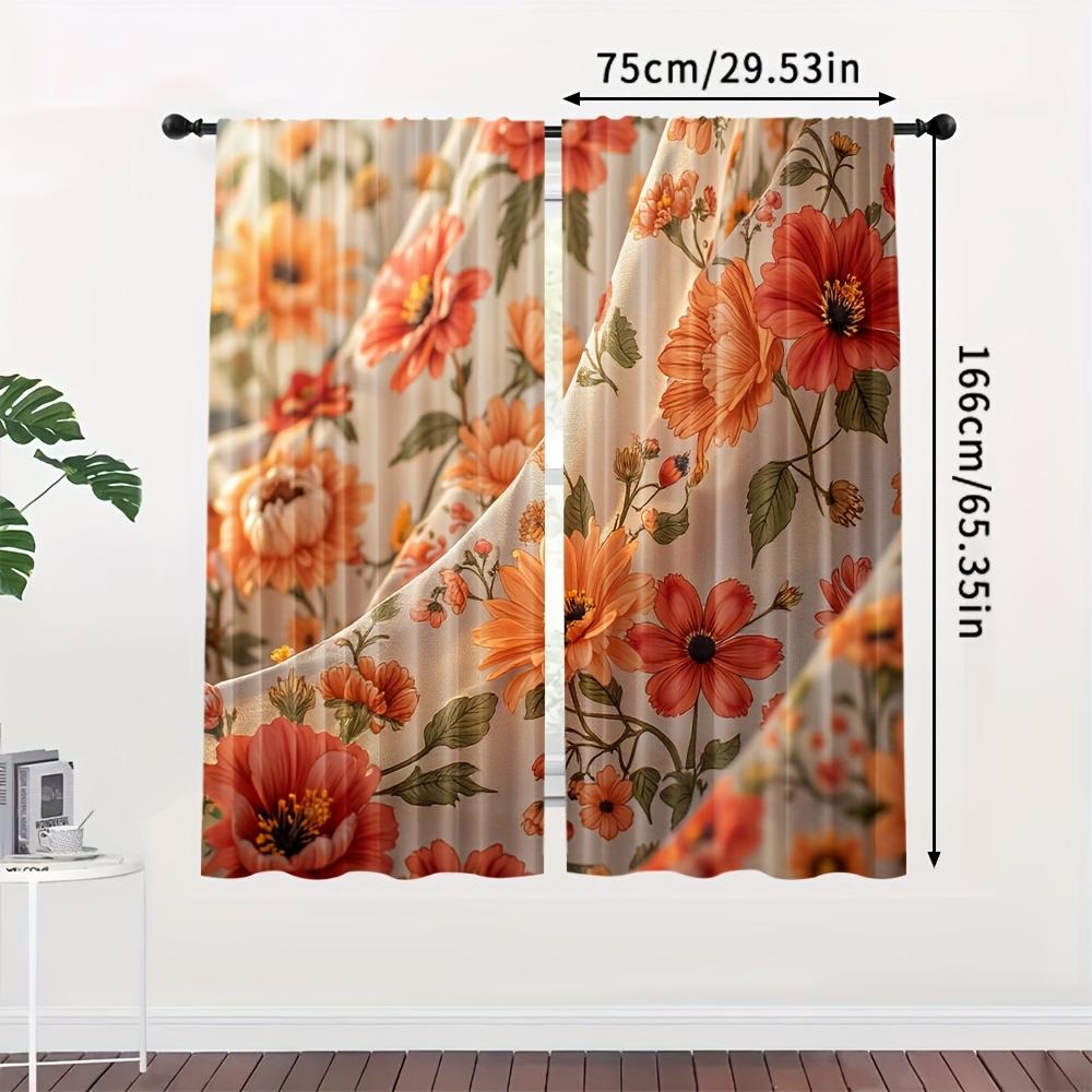 Retro Warm Autumn Flower Curtains, Orange Red Bloom Leaf Pattern Drapes for Cottage Balcony Country Interior Decoration