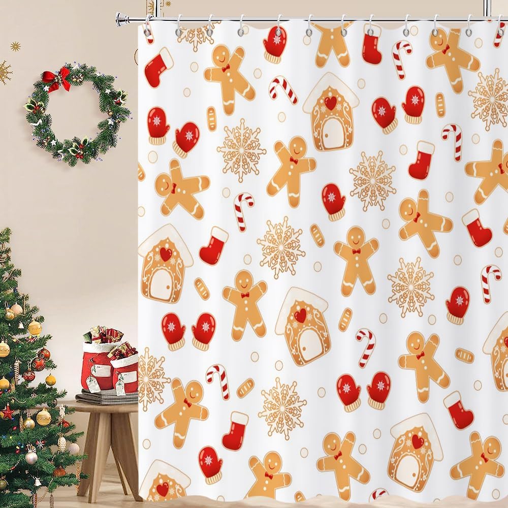 Pink Christmas Shower Curtain, Xmas Cartoon Cute Gingerbread Man House Snowflake Winter New Holiday Bathroom Curtain Waterproof