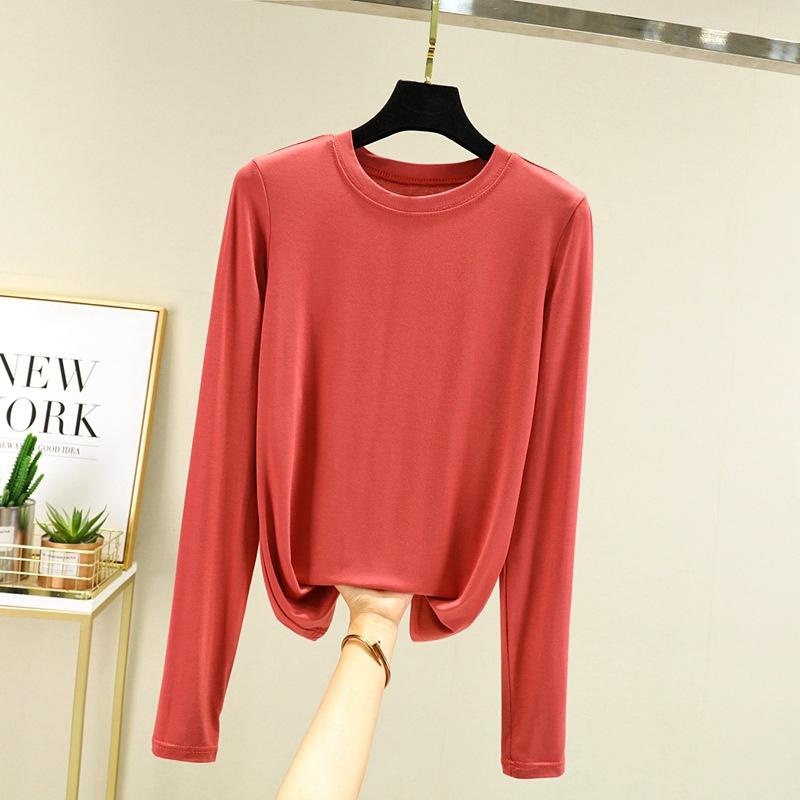 Модальная однотонная базовая футболка с круглым вырезом и длинными рукавами, женские осенние футболки, универсальные футболки, майка больших размеров