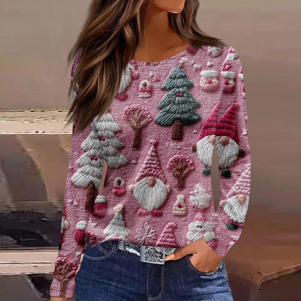 Women's Fashion Hem Slit Casual Christmas Printed Round Neck Long Sleeve Top