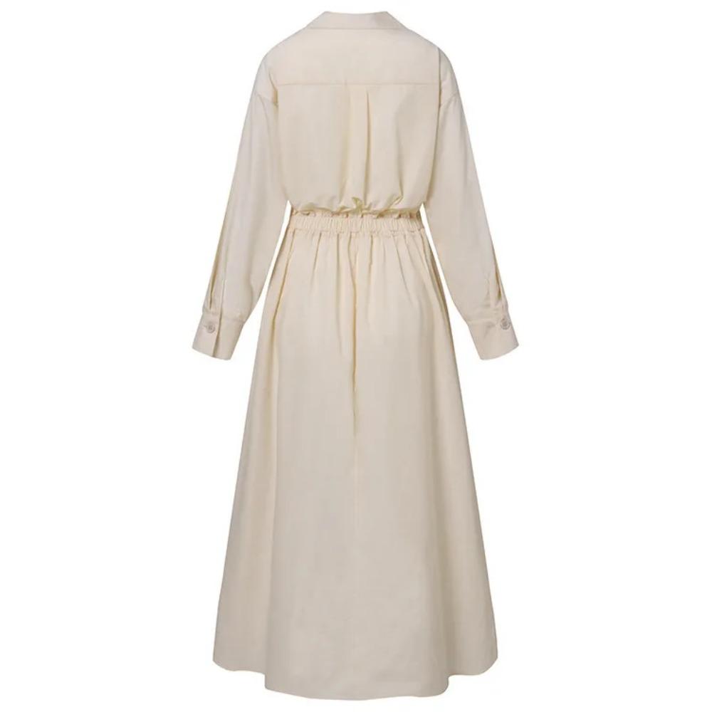 Женский хлопковый свободный элегантный хлопковый сарафан с лацканами и высокой талией, длинный рукав, длинное платье-рубашка