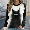 Осенняя женская модная футболка с круглым вырезом и длинным рукавом, свободная одежда, футболка с принтом черного кота для девочек, уличная