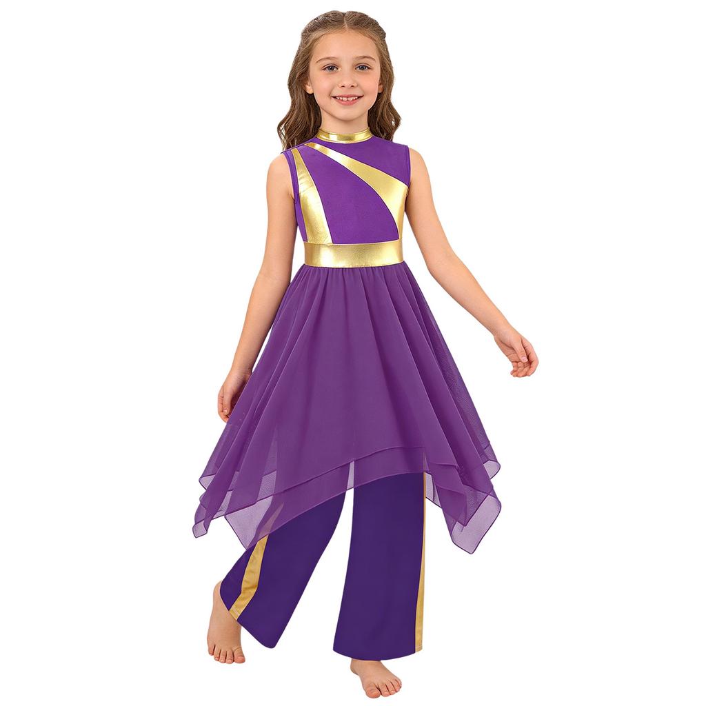 Girls Metallic Patchwork Sleeveless Dress Lyrical Dance Outfit Wide Leg Pants
