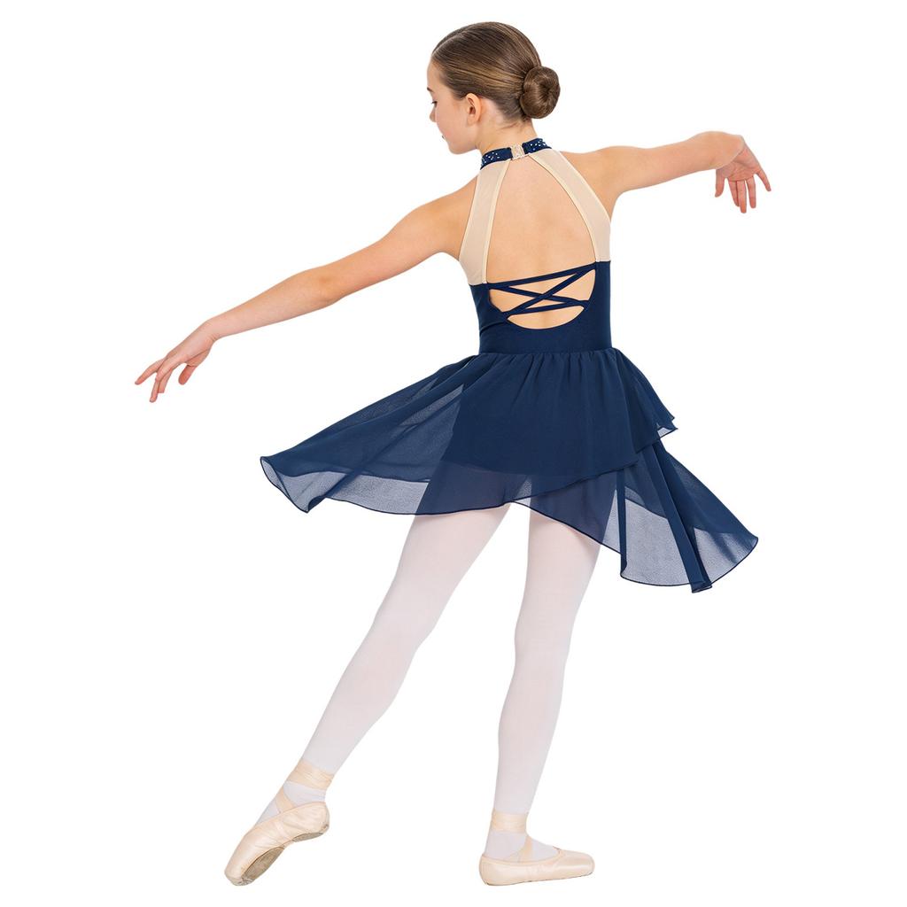 Девочки Блестящее Платье Пэчворк из Страз Без Рукавов Стойка Сетчатое Прозрачное С Открытой Спинкой Неровный Подол Лирический Костюм для Танцев