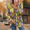 Women Autumn Colorful Mini Feathers Printed Long Sleeve T-Shirts Loose V-Neck Plus Size Tee Shirt Tops Comfy Blouse