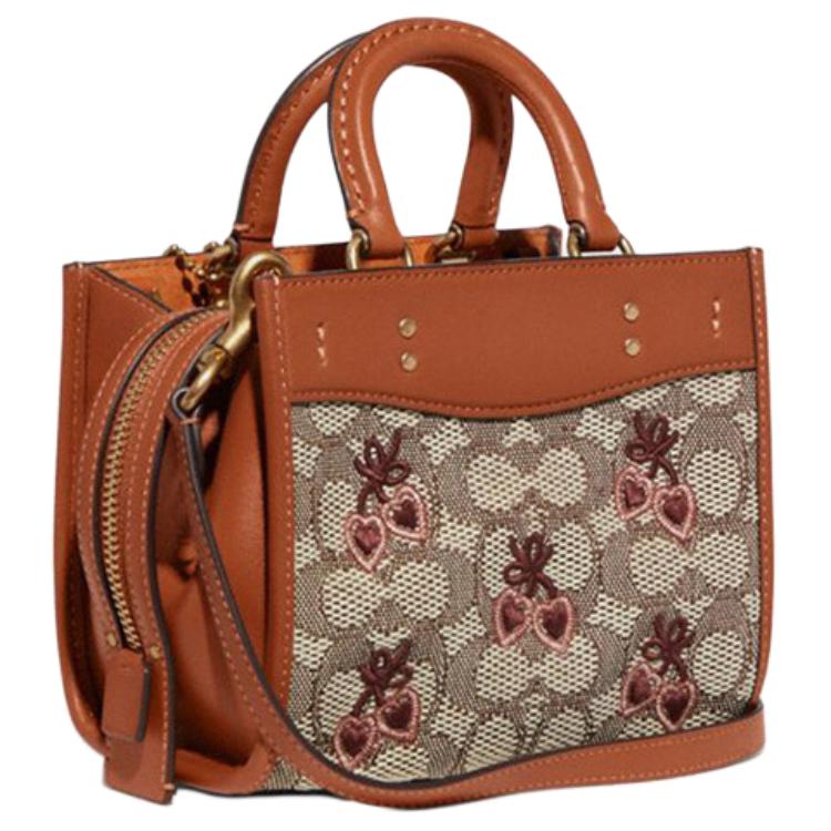 Coach Rogue 17 Monogram Heart Embroidered Fabric With Leather Handbag Shoulder Bag Crossbody Small Women handbags Monogram-Brown CB844-B4TA7
