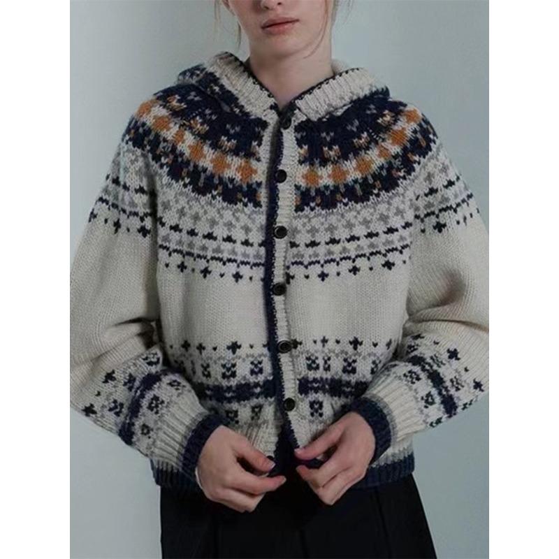 Fair Island Retro Style Contrasting Color Jacquard Hooded Knitted Cardigan Women's Autumn and Winter New Soft Waxy Sweater Jacket
