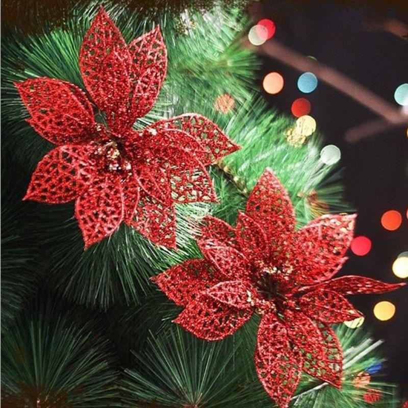 4Pcs/10pcs Hollow Xmas Flowers Artificial Christmas Hollow Flower For Christmas Tree Decorations Orna