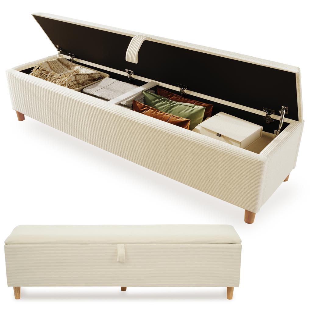 Bed Bench with Storage, 145 x 38 cm, Upholstered Bench with Hydraulic Storage, Storage Box, Bedroom, Living Room and Hallway, Beige Corduroy Look.
