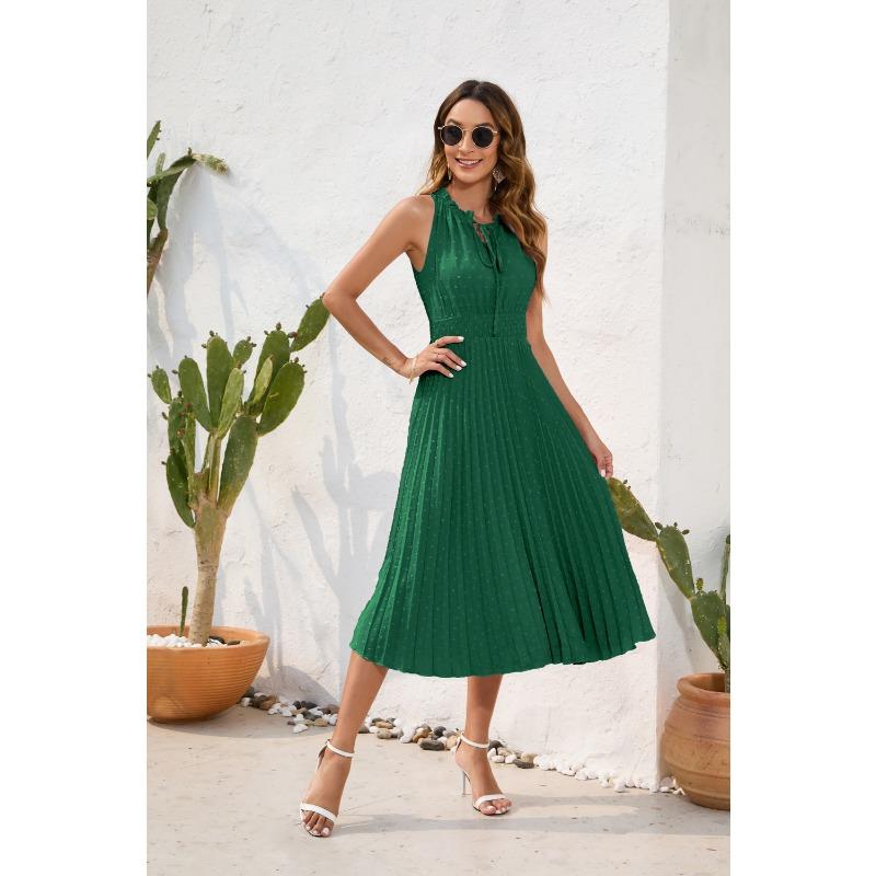 Tie High Waist Pressure Pleated Sleeveless Summer Casual Vacation Travel Dresses