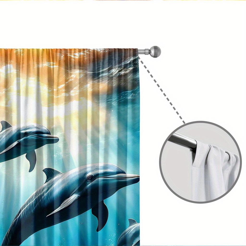 2pc Dolphin print curtains, polyester fabric, machine washable, suitable for bedroom and living room decoration