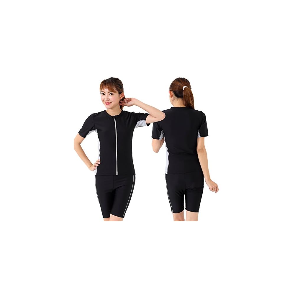 Le Mode de Toi Women's Fitness Swimsuit, Separated, Short Sleeve, Swim Cap Set, F135, Anti-Roll-Up