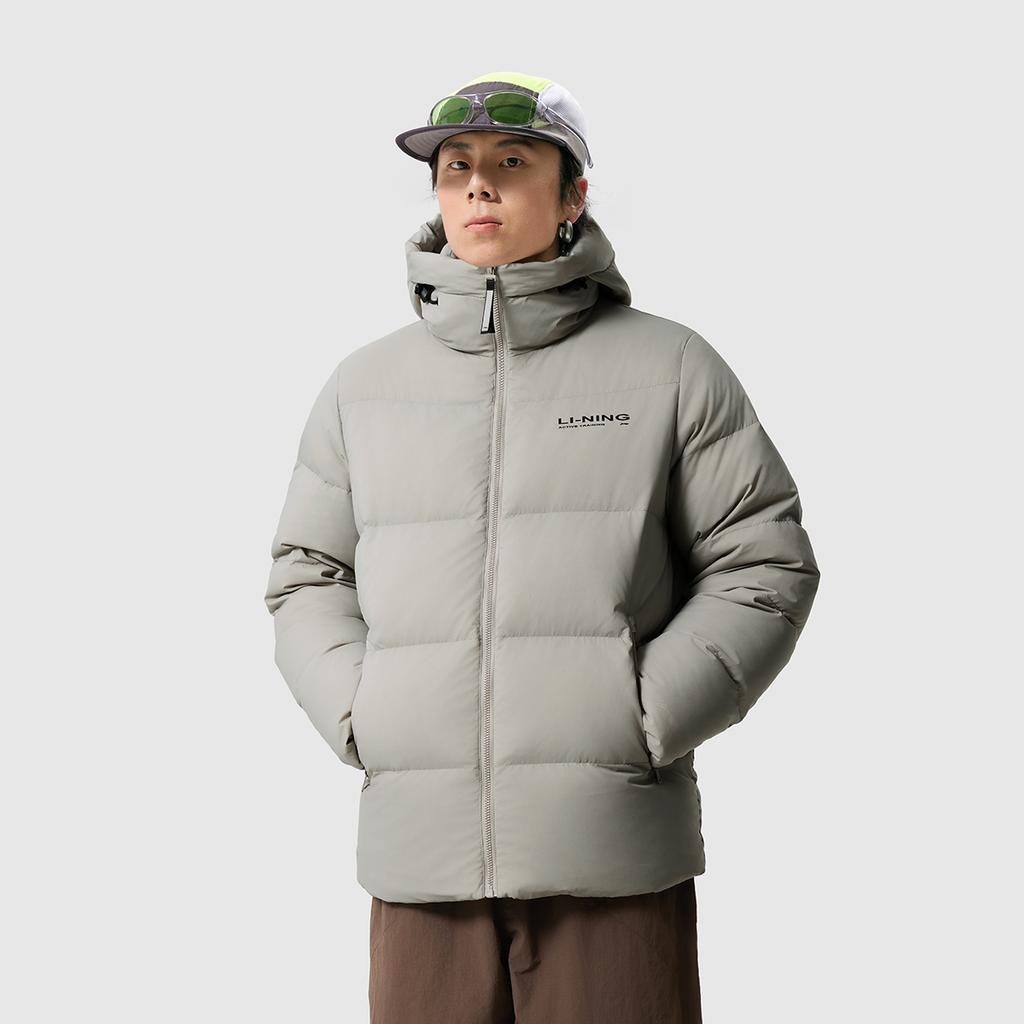 Li Ning Fitness Series Letter Zipper Hooded Short Sleeve Down Jacket Men Jackets Stone-Grey AYMU701-2
