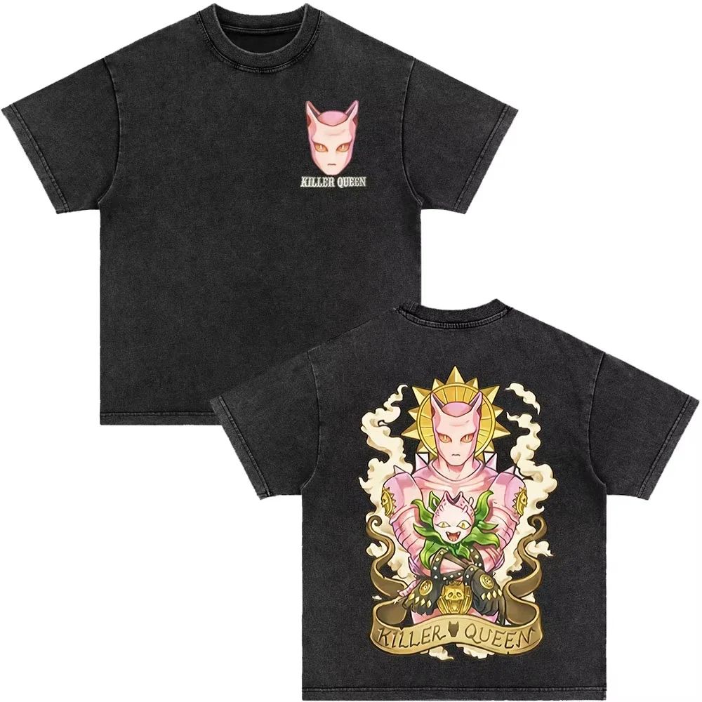 Japanese Anime Jojo Bizarre Adventure Vintage Washed T-Shirt Killer Queen Graphic T Shirts Men Women Cosplay Oversized T-shirt