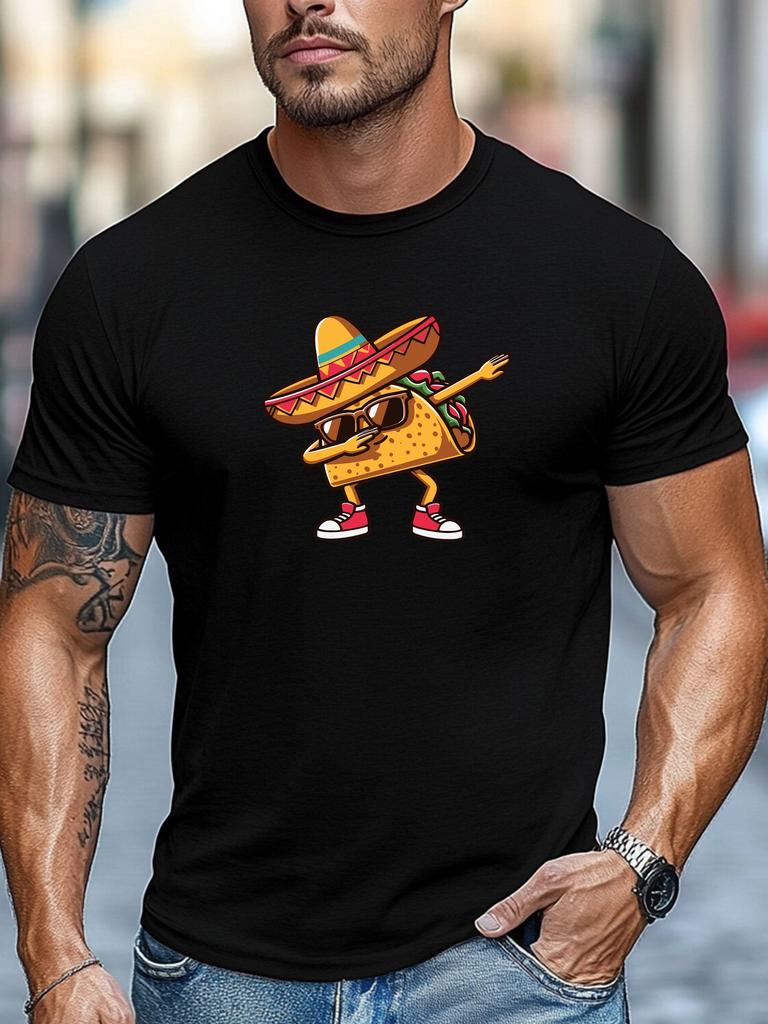 Plus Size Men'S T-Shirt, Relaxed And Casual, Comfortable And Versatile, Men'S Cartoon Taco Pattern with Hat Dancing Summer Casual Round Neck Short T-S