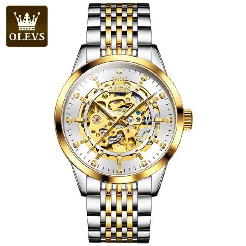 OLEVS Оригинальные мужские часы Golden Skeleton из прочной нержавеющей стали, водонепроницаемые, светящиеся, роскошные автоматические механические часы