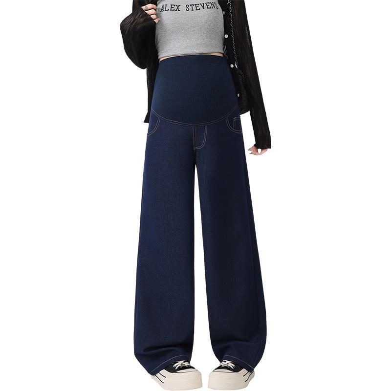 Maternity Dark Blue Wide-Leg Denim Jeans - Colorfast, Casual, Straight-Leg Support Pants for Spring.
