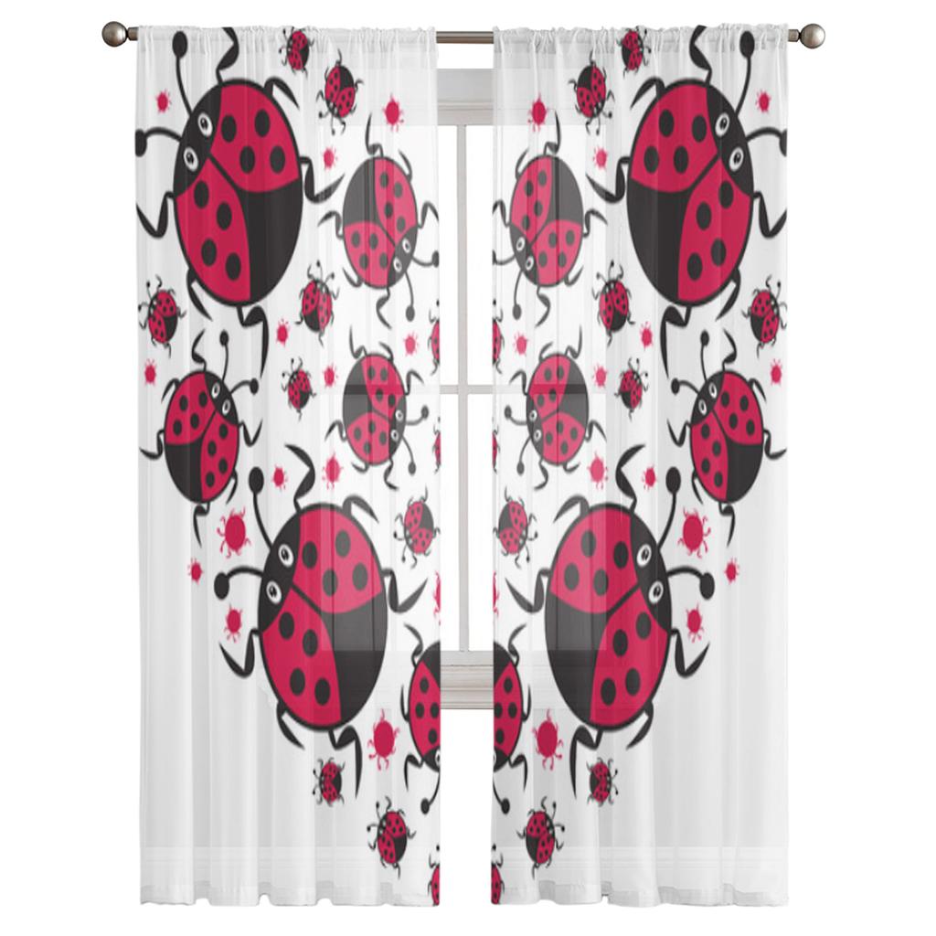 Милые прозрачные шторы с изображением божьей коровки и сердца Валентина для гостиной, прозрачные тюлевые занавески для окон, спальни, кухни, декор, вуаль, шторы