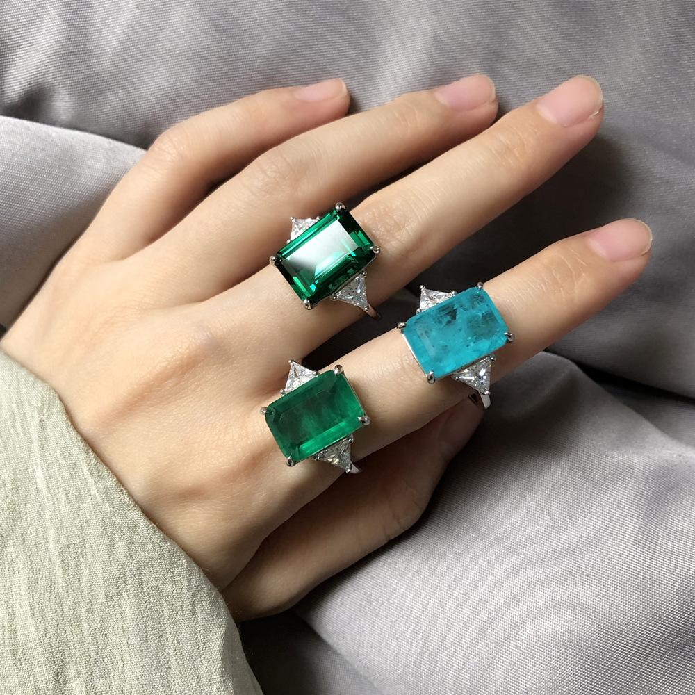 MuShan Jewelry Factory 6-carat Rectangular 10 * 14mm Synthetic Emerald Paraiba Gemstone Ring Women's Pure Silver Vintage Jewelry