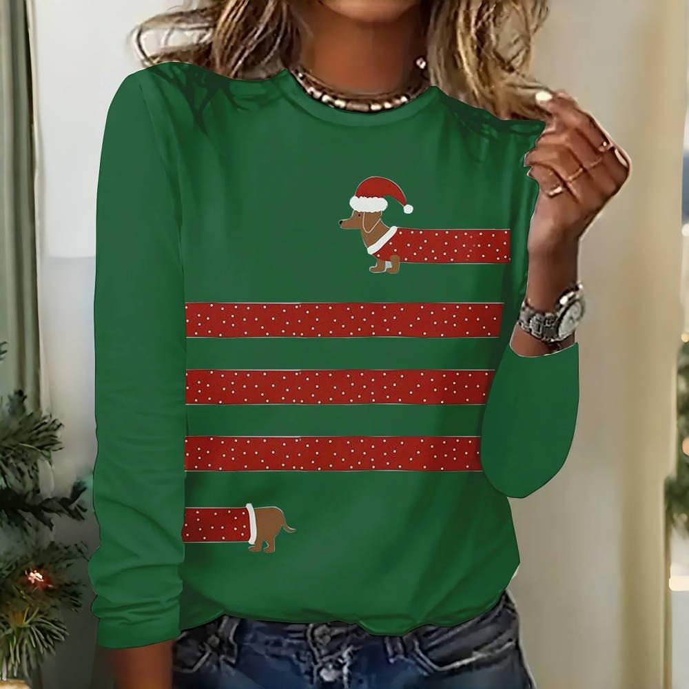 Simple Stripe Women's T-shirts Funny Dachshunds Print Long Sleeves T Shirt Designer Women Clothing Pullover Fall Cotton Tops