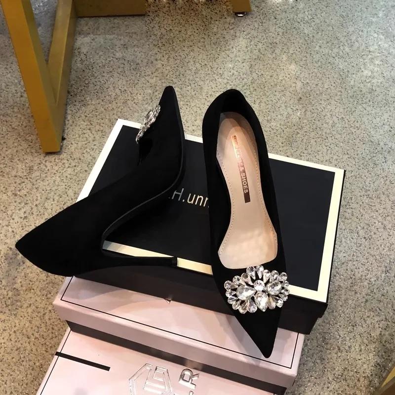 Модные туфли на высоком каблуке со стразами, женские туфли 2024 года, черные, сетчатые, красные, французские, профессиональные, осенние, сто одинарных туфель, черные каблуки