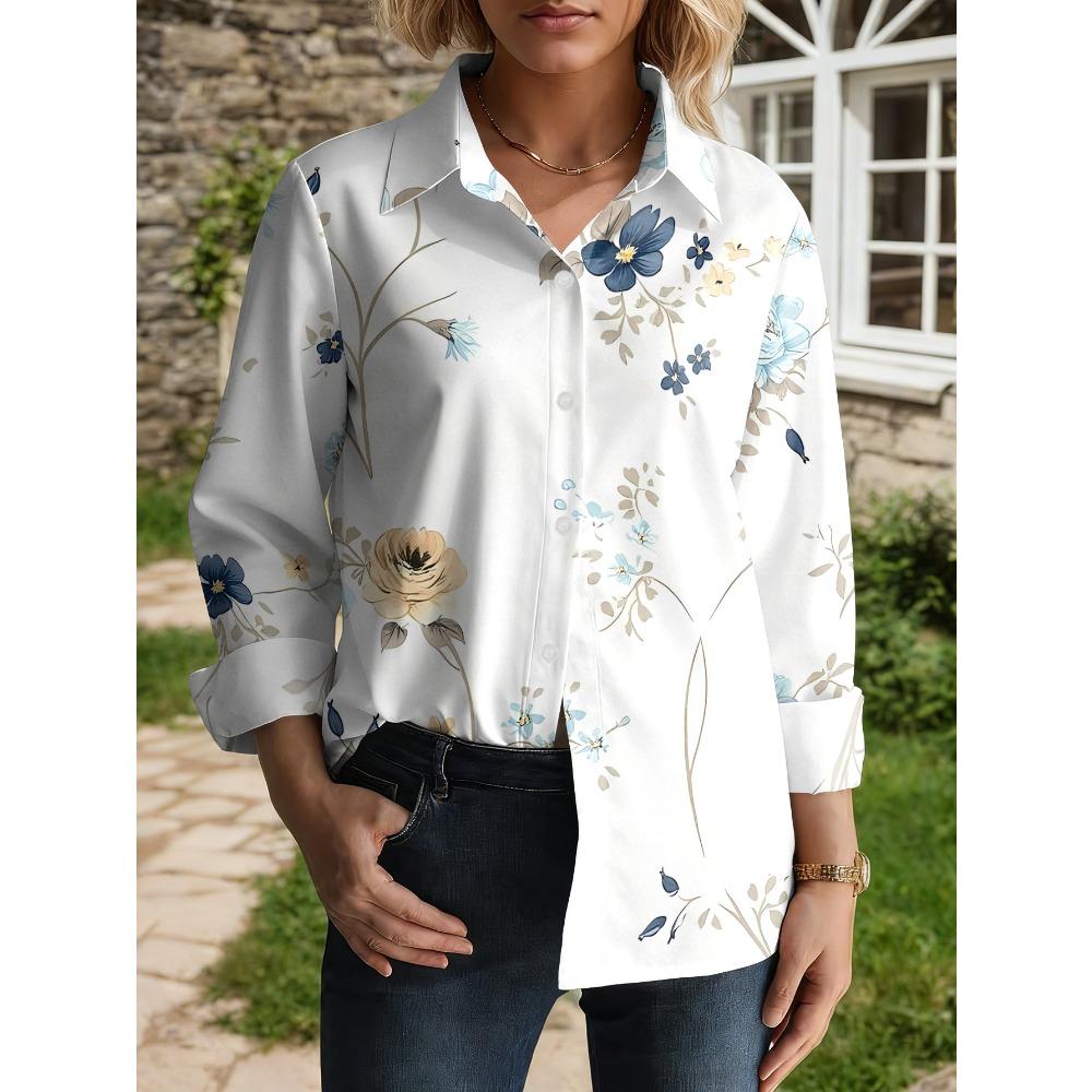 Casual Fashion Women's Outdoor Long Sleeve Cardigan Shirt, Machine Washable, Lapel Button, Printed Shirt