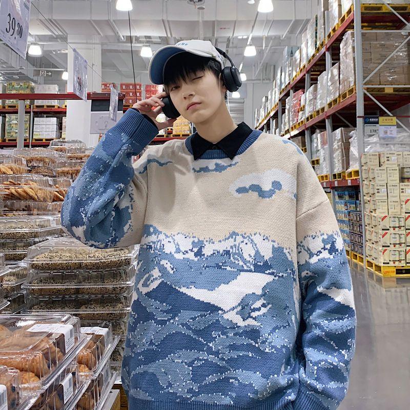 Осень и зима Новые свитера мужские Байюнь Снежные горы узор трикотаж утолщенный универсальный стиль пара свободные трикотажные рубашки топы
