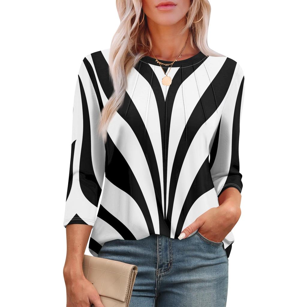 Женская модная футболка с круглым вырезом и рукавом 3/4 с принтом, повседневная, базовая, плиссированная, пуловер