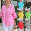 2025 Spring/Summer Women's V-Neck Cotton Linen Long-Sleeve Casual Top