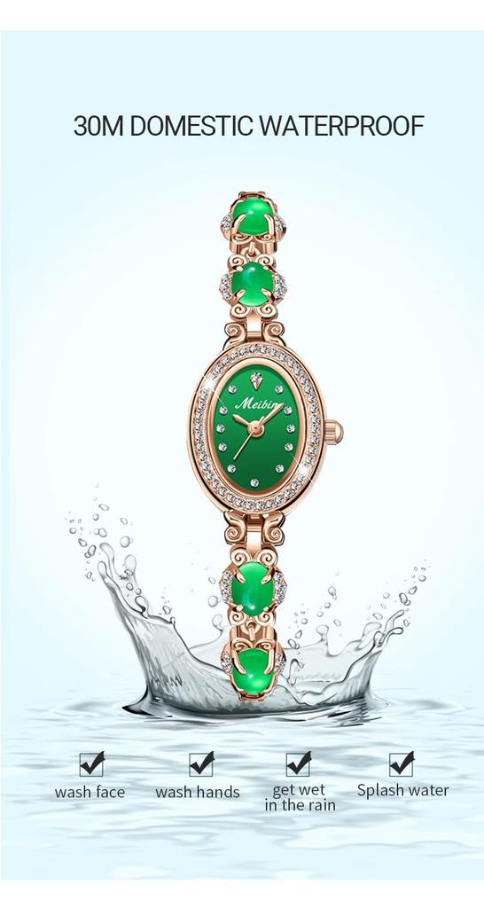 Часы с зеленым кварцем, маленькие часы цвета розового золота для женщин, женский браслет, кристалл, милые, стильные, водонепроницаемые, механизм, простые, брендовые,