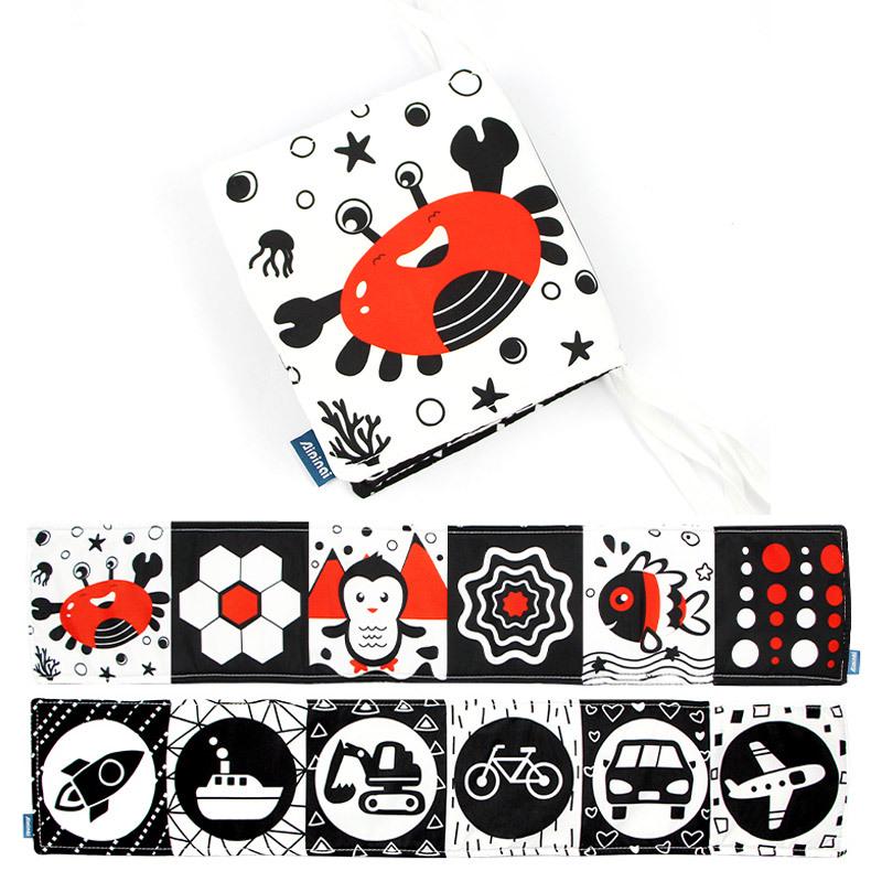 Черно-белая книжка-бампер для детской кроватки: Дизайн с мультяшным животным, Игрушка для прорезывания зубов, Защита от пинания, Подвесной аксессуар для младенца