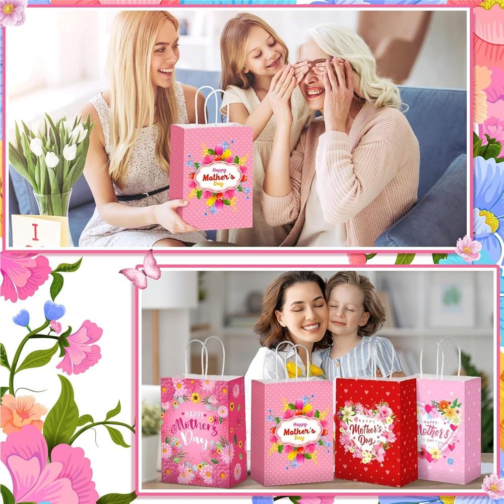 24 шт. Подарочные пакеты на День матери с ручками - 21x15x8 см Бумажные пакеты из крафт-бумаги для подарков маме, угощений, конфет 6 стилей