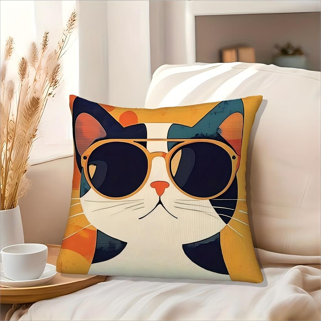 Cool Cat With Sunglasses Throw Pillow Cover Retro Orange Abstract Decorative Pillow Case For Cat Lovers