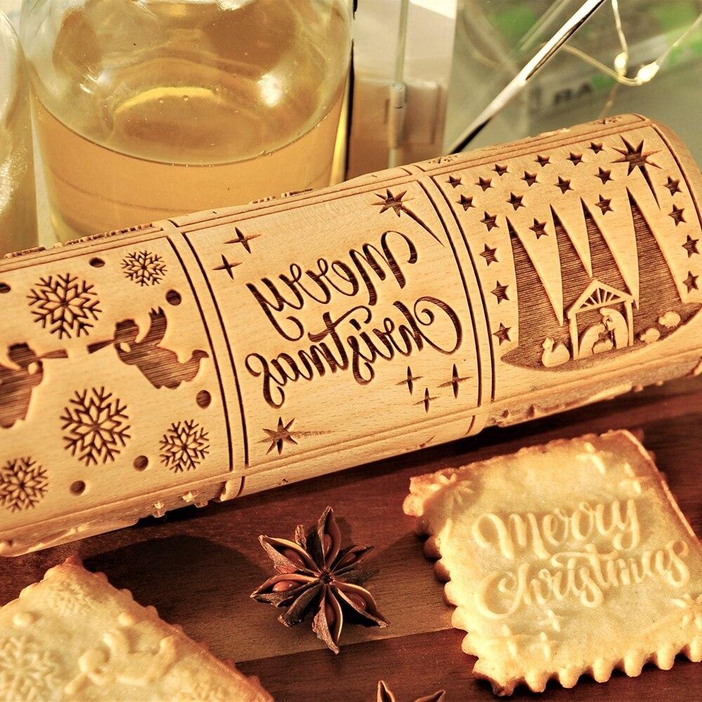 Деревянная скалка Рождественская скалка для выпечки печенья, лапши, бисквита, помадки, скалка, ролик для торта, теста с рисунком