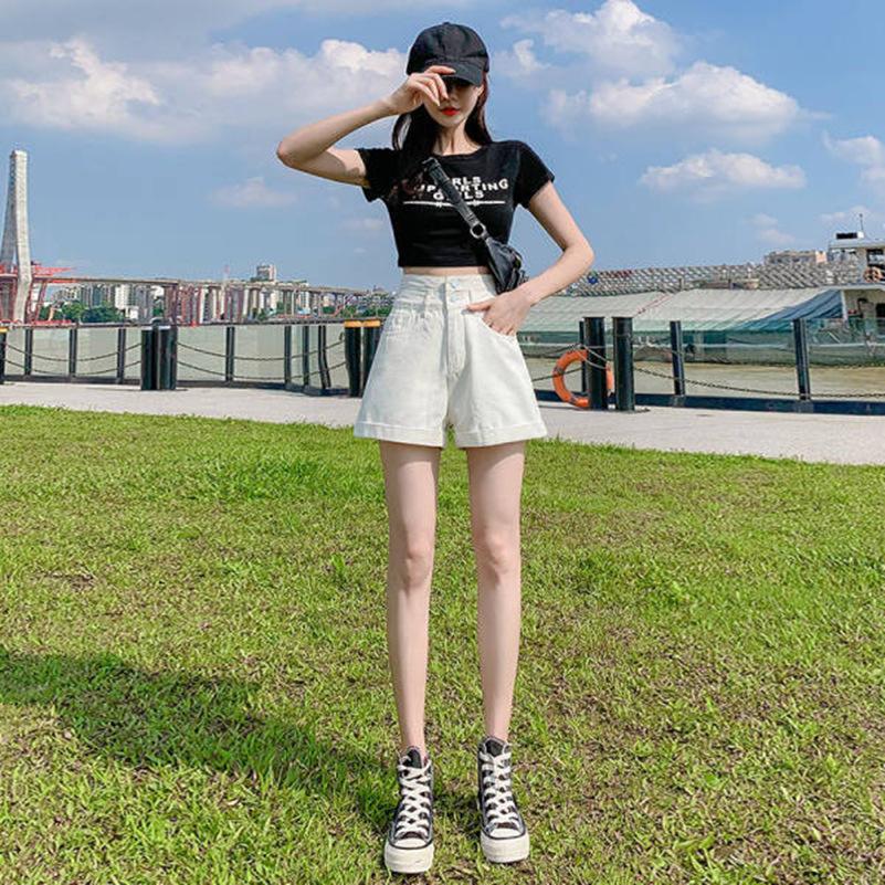 Двубортные джинсовые шорты для женщин Новые шорты с высокой посадкой, стройнящие, свободные, с широкими штанинами