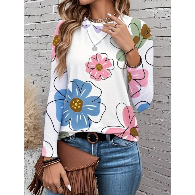 Women's T-shirt 3D Small Fresh Floral Print Fashion Long Sleeve Round Neck Regular Top Holiday Weekend Spring and Autumn