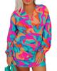 Multicolor Plus Size Abstract Print Pleated Surplice Long Sleeve Dress