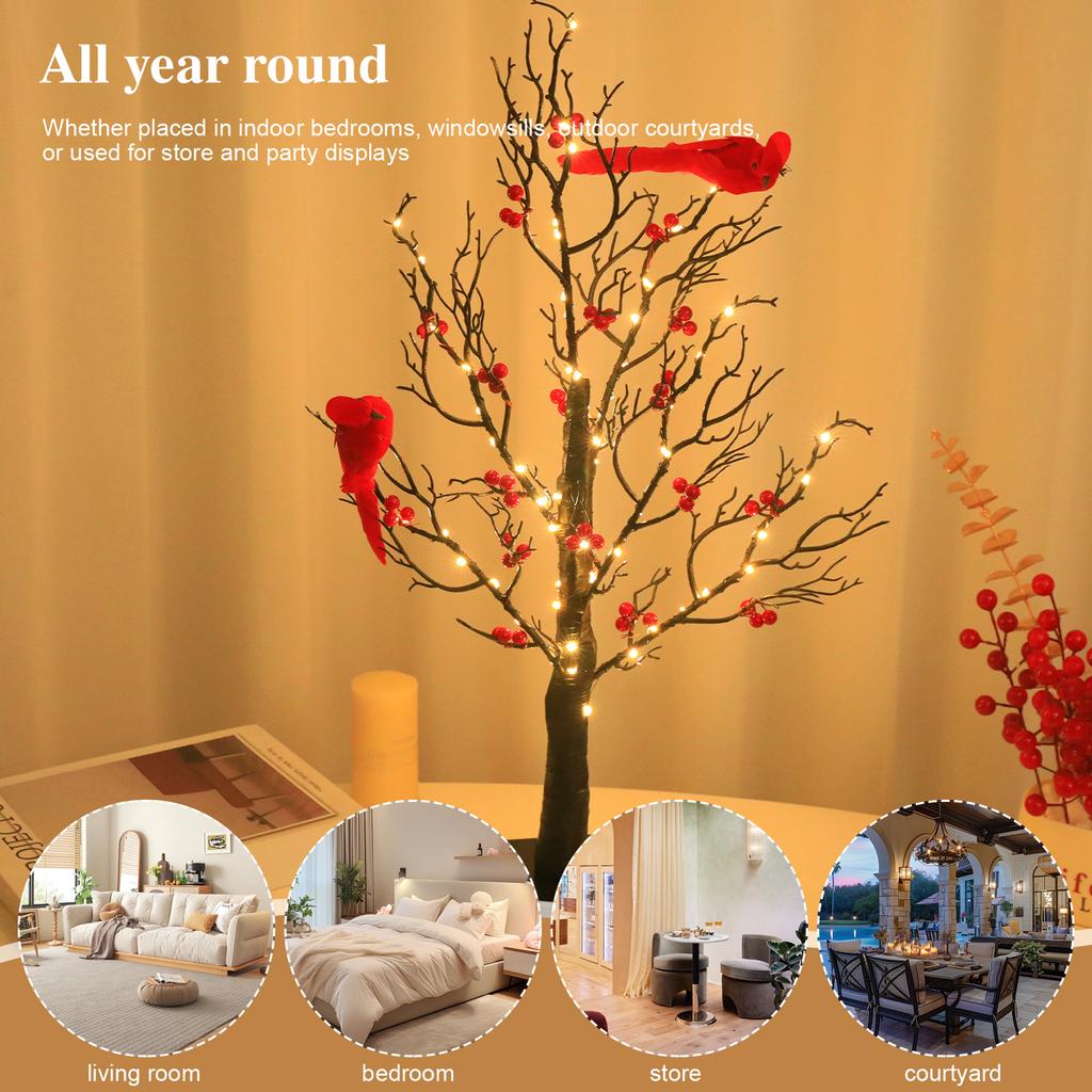 Vintage Glowing Tree with Cardinals with Red Berry and Bird LED Christmas Red Berry Tree Light for Christmas Home Party Wedding