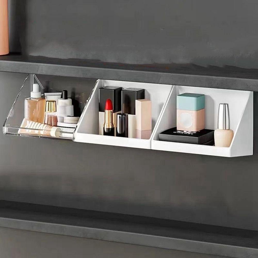 Plastic Mirror Cabinet Organizer Wall Mounted White/Transparent Oblique Opening Storage Box Perforated Free Self Adhesive