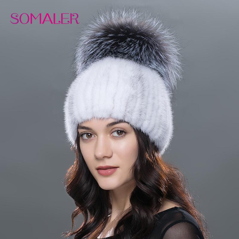 SOMALER Женские меховые шапки на зиму, шапка из натурального норкового меха с помпонами из меха чернобурки, вязаные шапочки, достаточно теплые