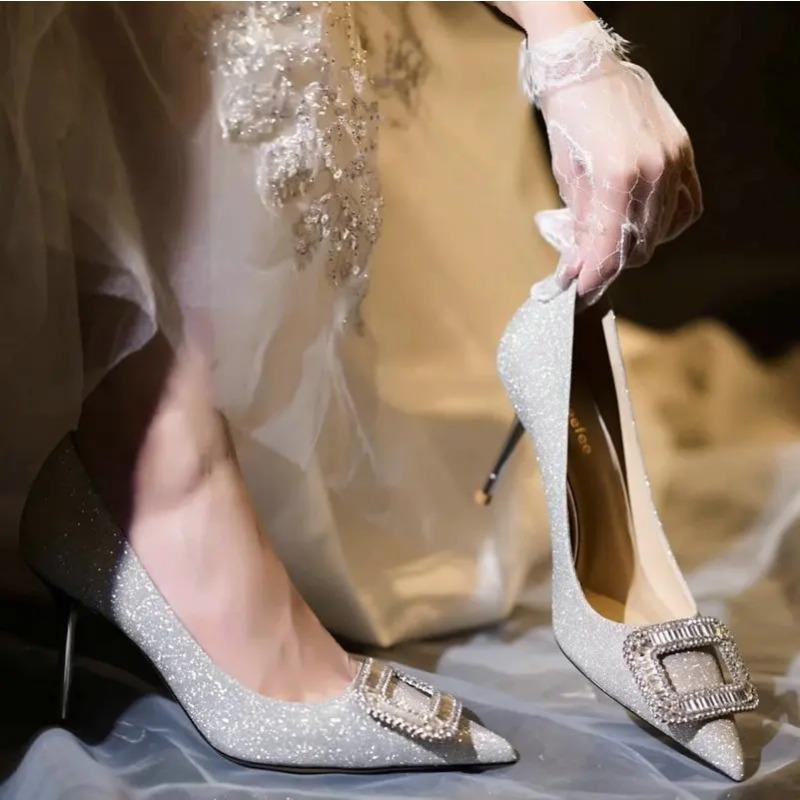 Свадебные туфли женские с заостренным ромбом и квадратной пряжкой темпераментные взрослые подарочные туфли одинарные свадебные туфли на высоком каблуке