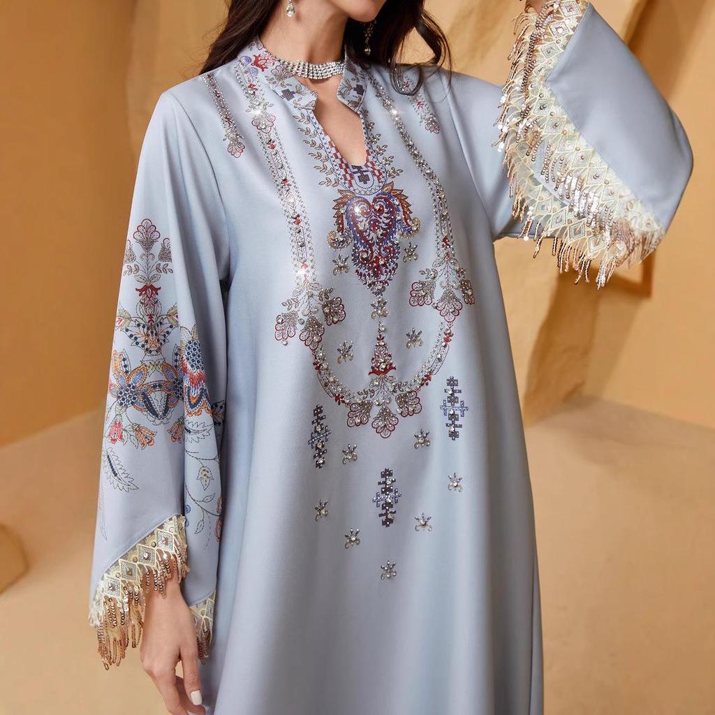Middle East Cross-border Muslim Women's V-neck Print Tassel Arabic Abaya Dress