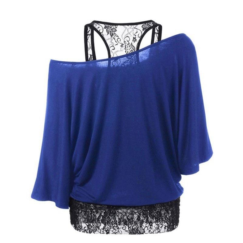 Size Women Plus Loose Vest Lace Stitching Oblique Collar Bat Tshirt Fashion