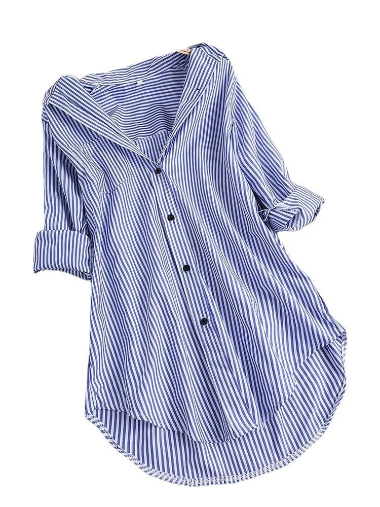 Свободная рубашка в полоску с длинным рукавом в европейском и американском стиле 2023 года для женщин