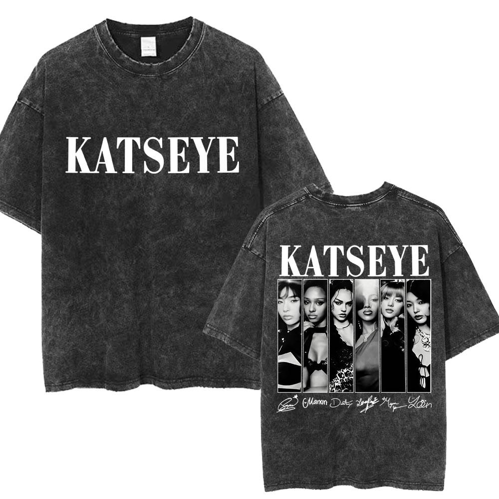 Kpop Katseye Graphic Washed T Shirt Fashion Vintage Men Women Korean Hip Hop Tshirt Loose Cotton Casual Tshirt Streetwear