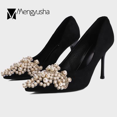 Мода Роскошные Туфли-лодочки на Высоком Каблуке-шпильке Женские Туфли с Бусинами на Завязках Женские Жемчужные Туфли Замшевые Туфли для Свадебной Вечеринки Сексуальные Туфли с Острым Носком Tacones Mujer