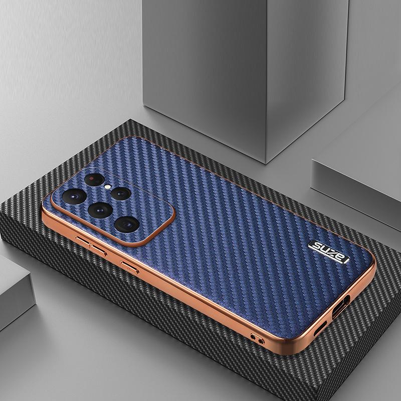 Чехол для Samsung Galaxy S25 S24 S23 S22 Ultra Plus с текстурой из углеродного волокна и мягкой накладкой из искусственной кожи, защитный чехол-бампер для камеры Allround