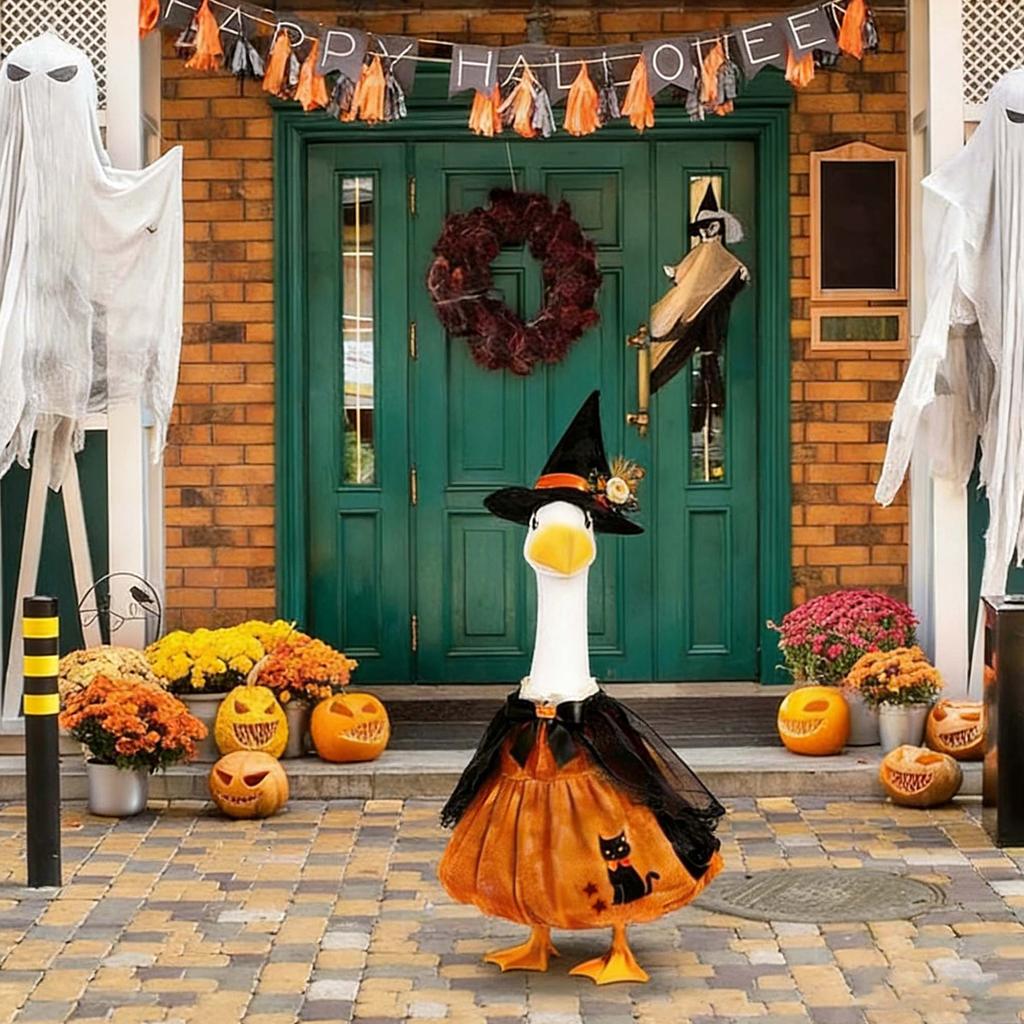 Elegant Pumpkin Witch Goose Outfit 23-Inch Porch Goose Black Cat Dress with Matching Hat for Party Garden Outdoor Statues