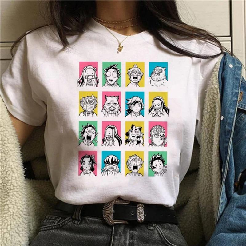Японская аниме-футболка Demon Slayer Oversize Женская одежда Nezuko Kawaii Футболки Tanjirou O-Neck Graphic Женская футболка Manga Tops